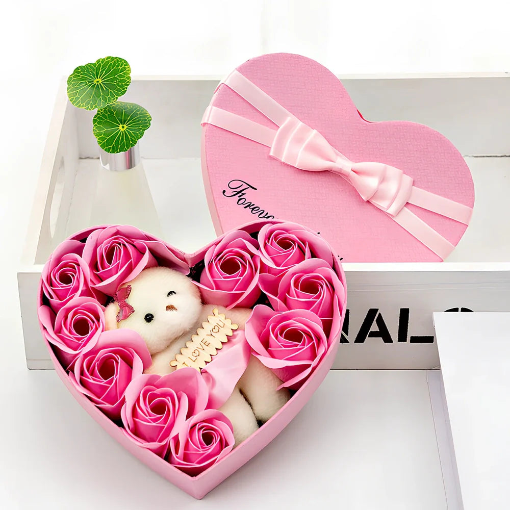 Handmade pink soap flower rose bouquet with bear in 25cm gift box, 10cm roses for lasting gifts