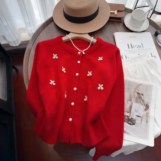 Cardigan-style sweater coat with round neck and beaded decoration in slim fit