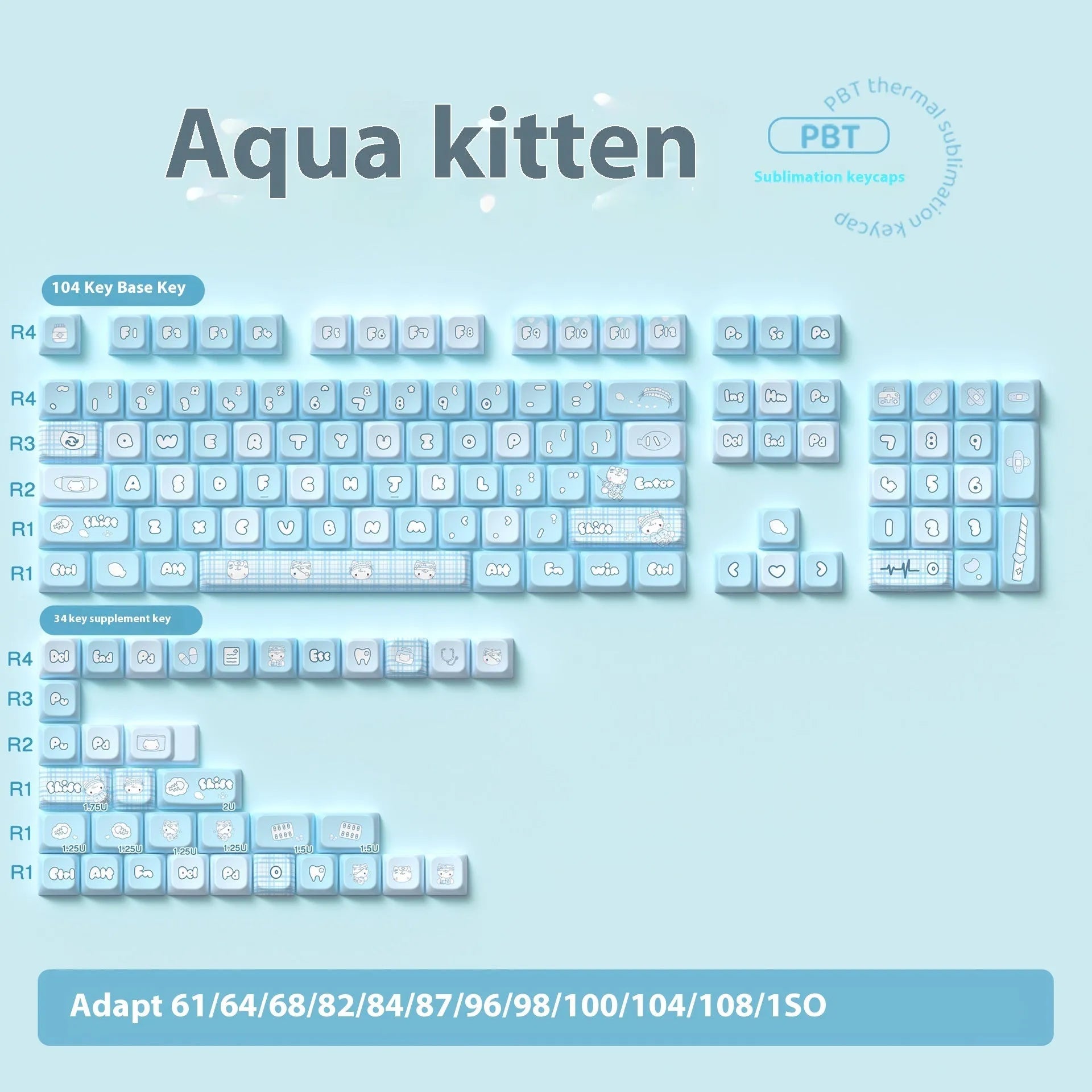 Watercolour cat design custom PBT keycaps for mechanical keyboards, showing full set with opaque legends.