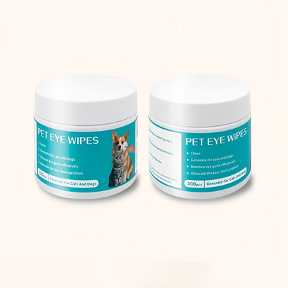 Can of 100 disposable pet eye cleaning wipes with aloe vera and chamomile extract on a blue background.