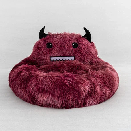 Round plush cat bed with animal embroidery in dark blue, perfect for winter warmth
