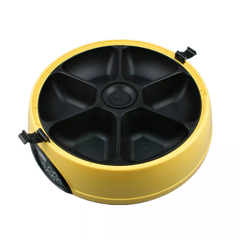 Automatic pet feeder with 6 food storage slots and voice recording feature