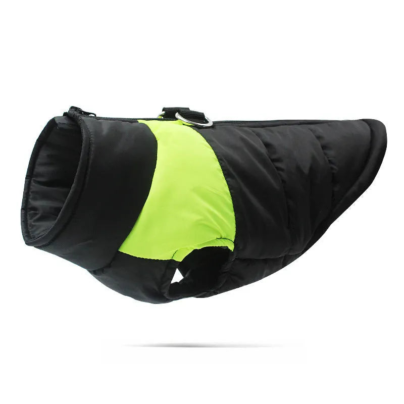 Waterproof padded dog winter jacket with zipper, shown in red on a medium-sized dog.
