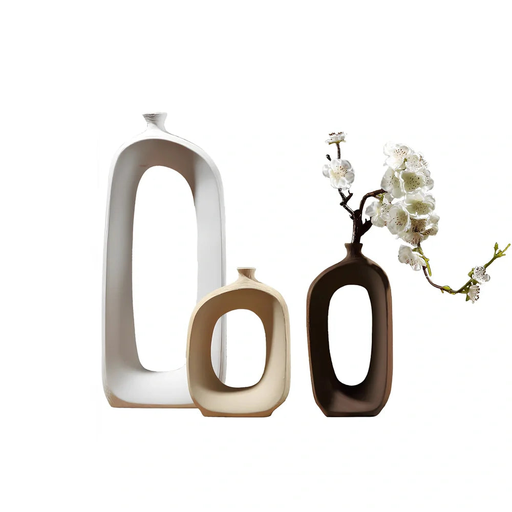 Three white ceramic vases with hand-drawn cloud patterns in 25cm, 20cm, 15cm sizes