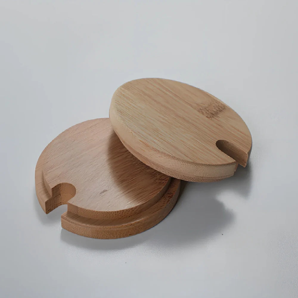 Japanese hammer pattern glass seasoning pot with three containers and bamboo lids on wooden base