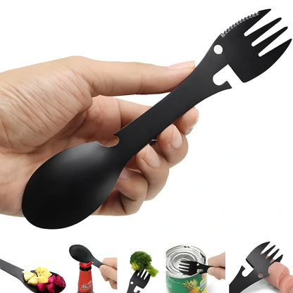 Silver stainless steel camping multitool with fork, spoon, serrated cutter, can opener, bottle opener, and keychain hole