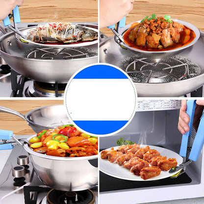 Stainless steel tray holder gripping baking tray with non-slip chuck mechanism and widened handle