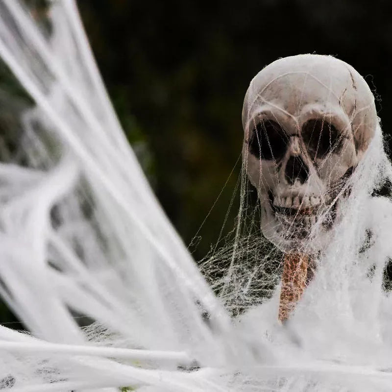 Realistic Halloween spider cotton web decoration with small spiders, available in multiple colors