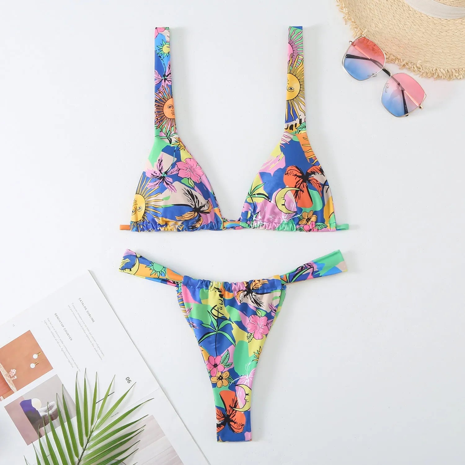 Women's floral printed bikini swimsuit in polyester fabric with bra and panties set
