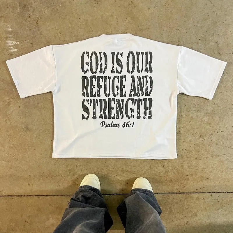 Printed cotton short sleeve t-shirt with drop-shoulder sleeves in retro street style, showing contrast colour design