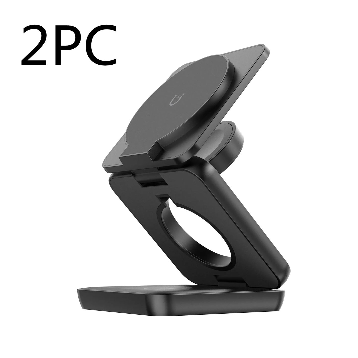White foldable magnetic wireless charging phone holder shown open and closed