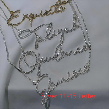 Stainless steel name necklace with diamond-studded English letters on adjustable chain in gold, rose gold, or silver