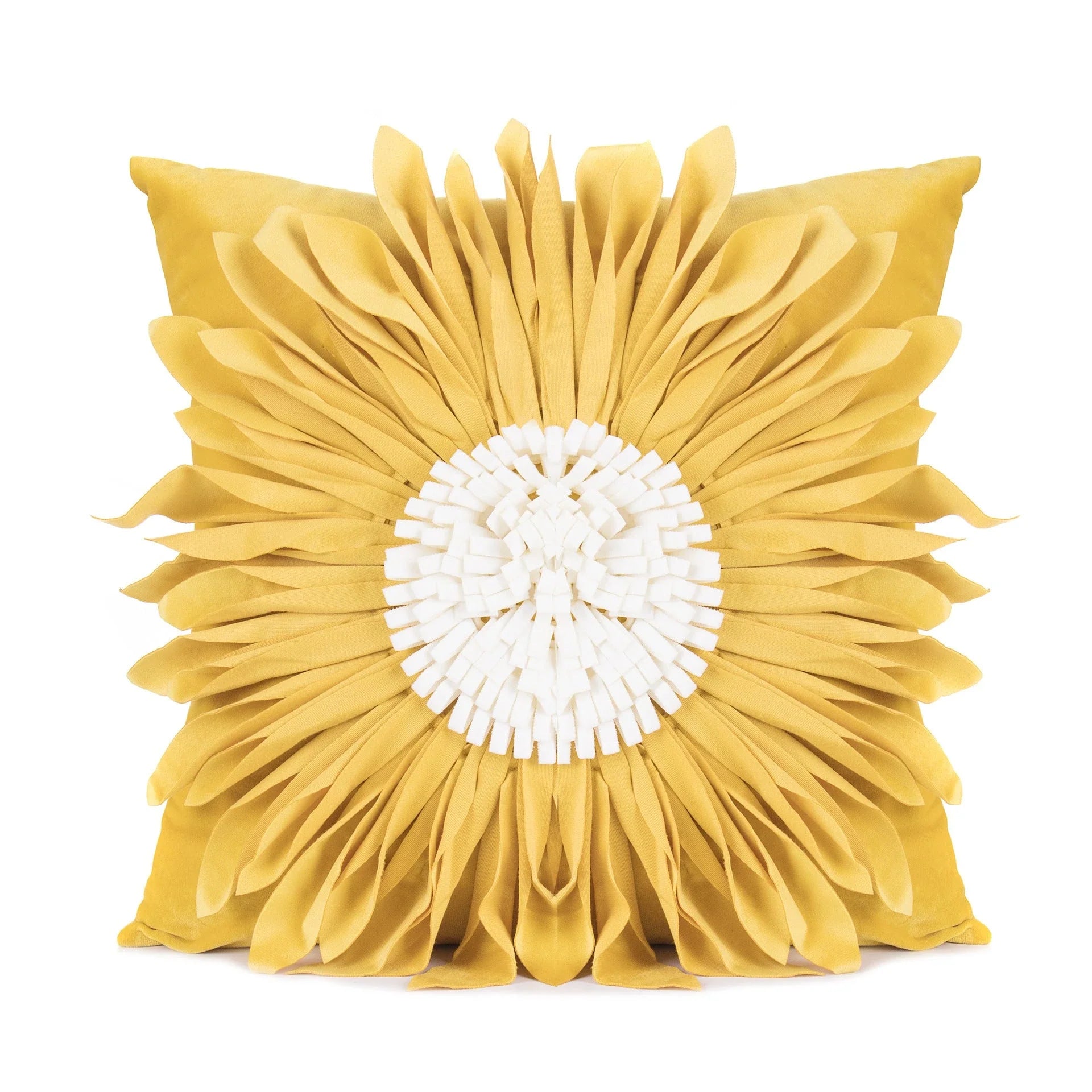 Stylish velvet throw pillows with 3D chrysanthemum embellishments in blue, yellow, pink, and white colors