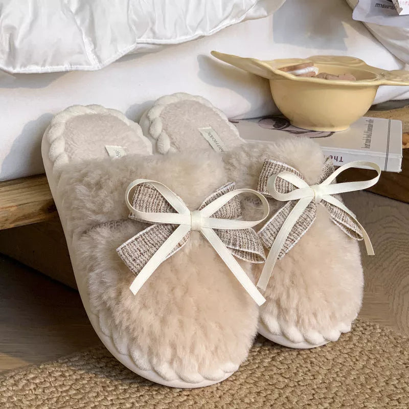 Women's bow tie cotton slippers with plush interior in beige, green, and khaki