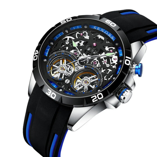 Automatic mechanical men's watch with skeleton dial showing movement, luminous hands, 14mm stainless steel case in business style