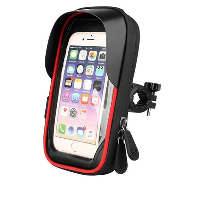 Black mobile phone mount with waterproof zipper attached to a bicycle handlebar, holding a smartphone.