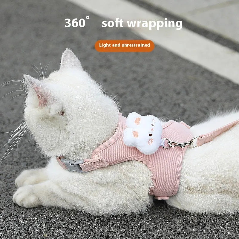 Corduroy pink rabbit cat walking rope with polyester chest strap and 1.2m hand holding rope