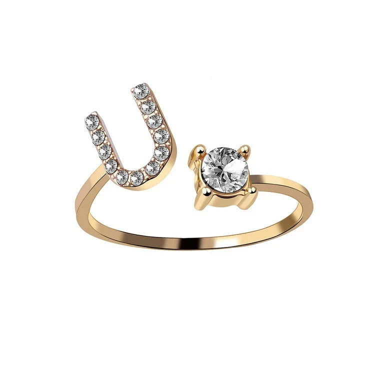 Personalized Initial Letter Adjustable Ring made of copper alloy and zircon, showcasing a vintage-inspired design