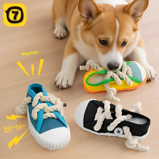 Durable plastic dog chew toy in slipper shape with bends, in yellow, black, or blue.