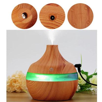 Yellow wood grain USB humidifier measuring 110x110mm with 300ml water tank and LED lighting