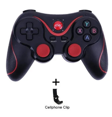 Upgraded X3 Bluetooth wireless game controller with mobile phone clip attached, showing textured grips and button layout
