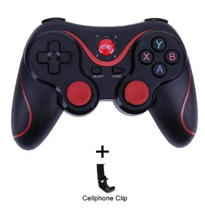 Upgraded X3 Bluetooth wireless game controller with mobile phone clip attached, showing textured grips and button layout