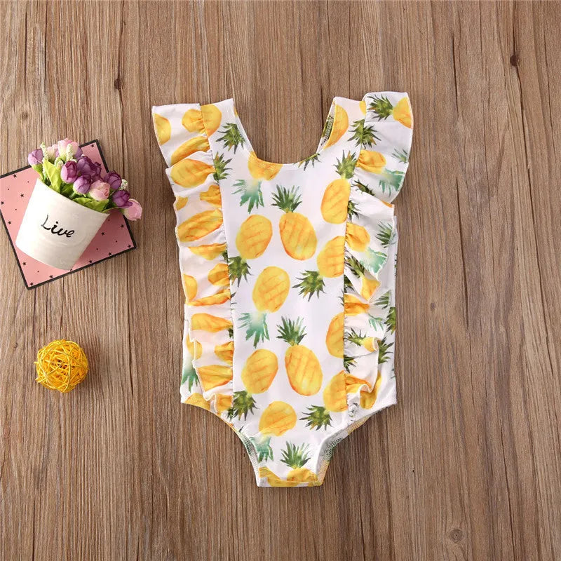 Printed sleeve one-piece girls swimsuit in Red or Yellow, Polyester, sizes 80-120cm
