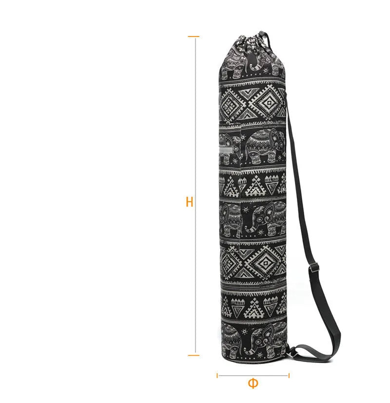 Canvas yoga bag with shoulder strap for 6mm yoga mat, shown as a storage bag for yoga and fitness use