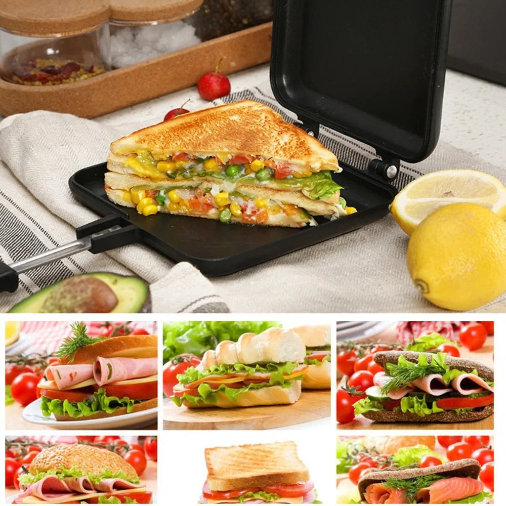 Black double-sided sandwich frying pan with heat-proof handle on stovetop