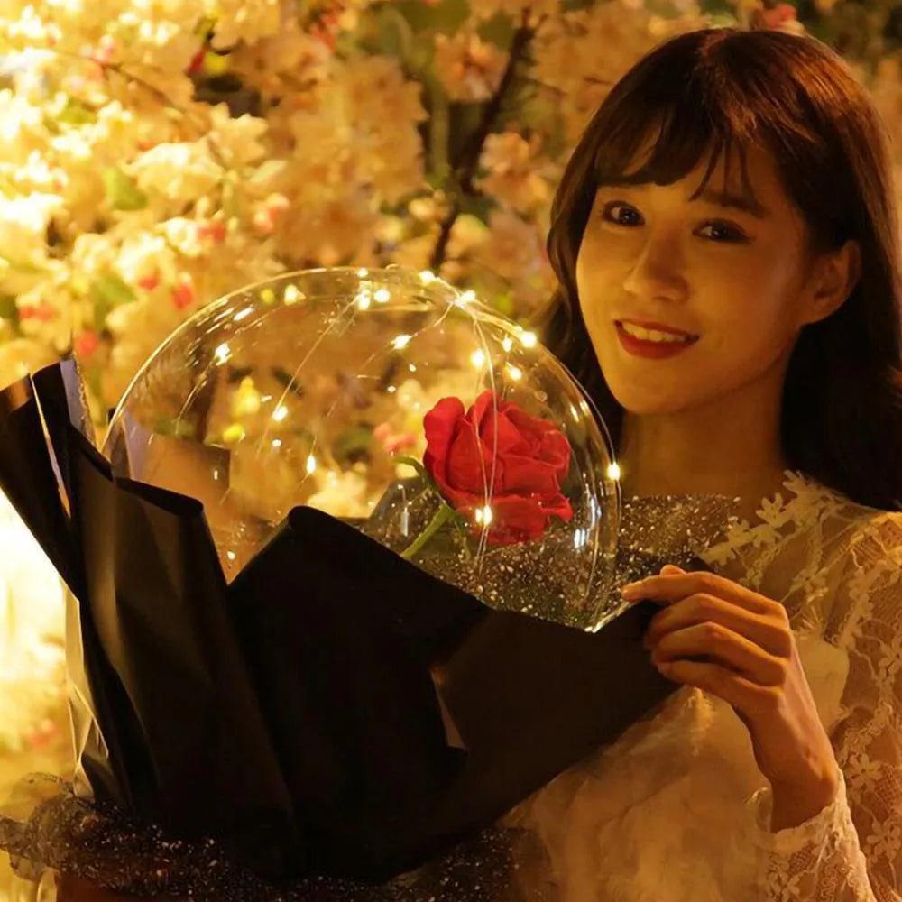 Transparent LED luminous balloon rose bouquet with artificial flowers and illuminated lights