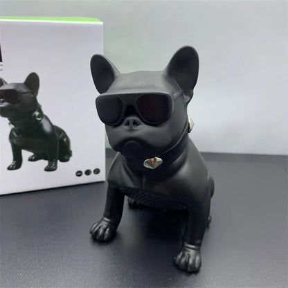 Mini bulldog-shaped Bluetooth speaker in black colour with wireless connectivity