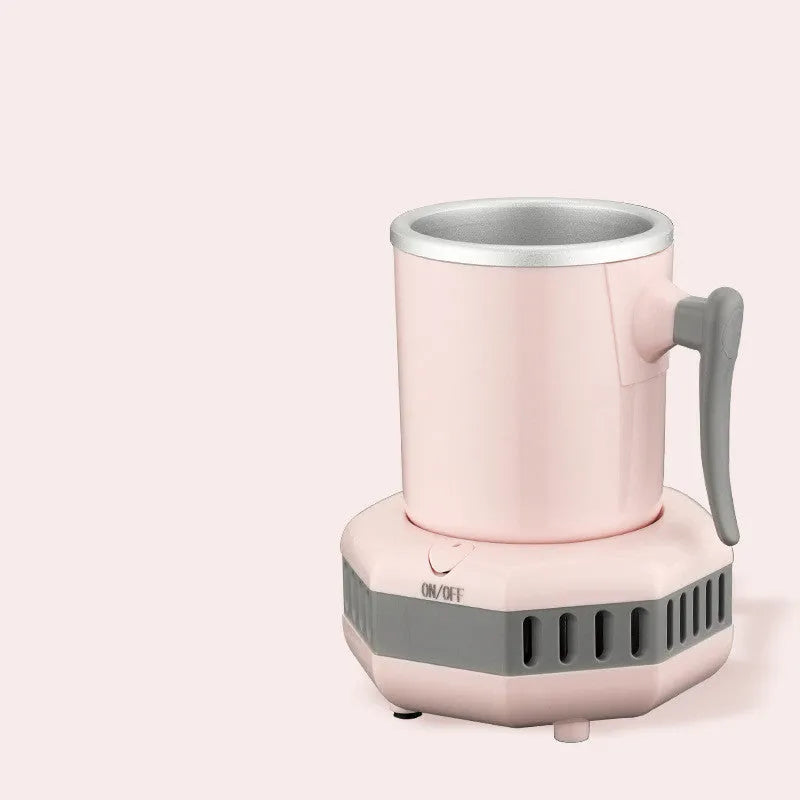 White quick refrigeration cup with aluminium drinking vessel on ABS base featuring one-button control
