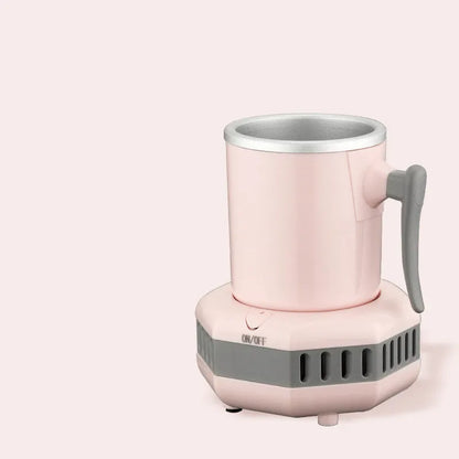 White quick refrigeration cup with aluminium drinking vessel on ABS base featuring one-button control