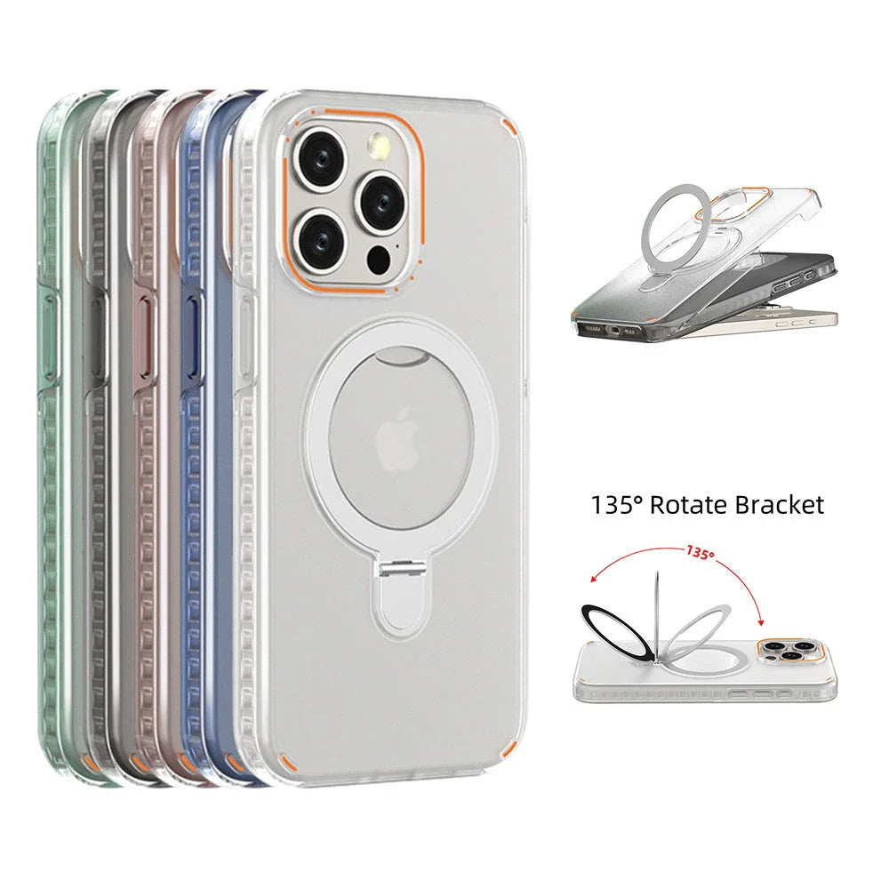 Magnetic smartphone case with kickstand and MagSafe wireless charging compatibility for various iPhone models