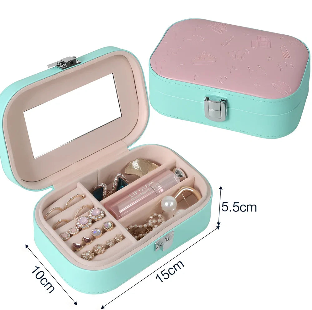 Three-layer travel jewellery box with PU leather exterior and secure closure for organised accessory storage
