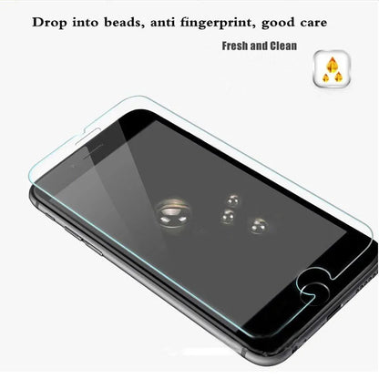 Tempered glass screen protector with 9H hardness and oleophobic coating for iPhone and Samsung phones
