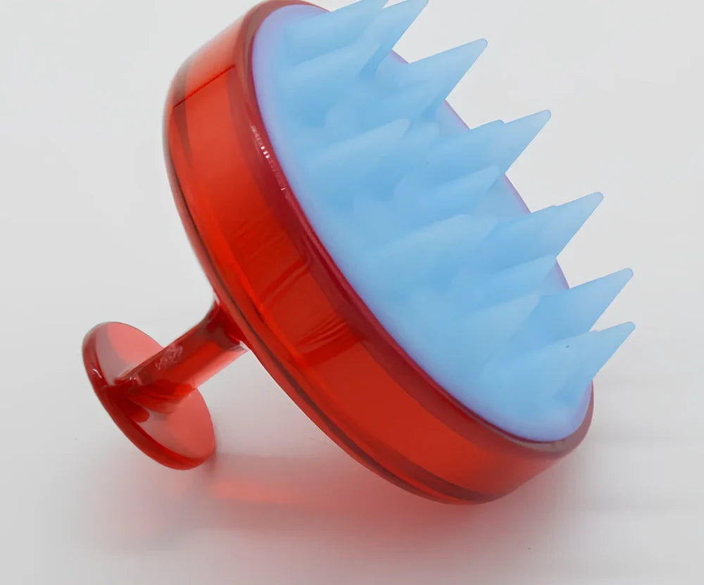 Black silicone shampoo brush with hook design measuring 8x8x7cm for scalp massage during hair washing