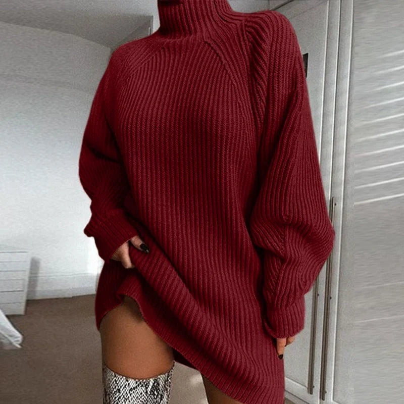 Cozy turtleneck sweater dress in various colors and styles for women, perfect for cold winter days