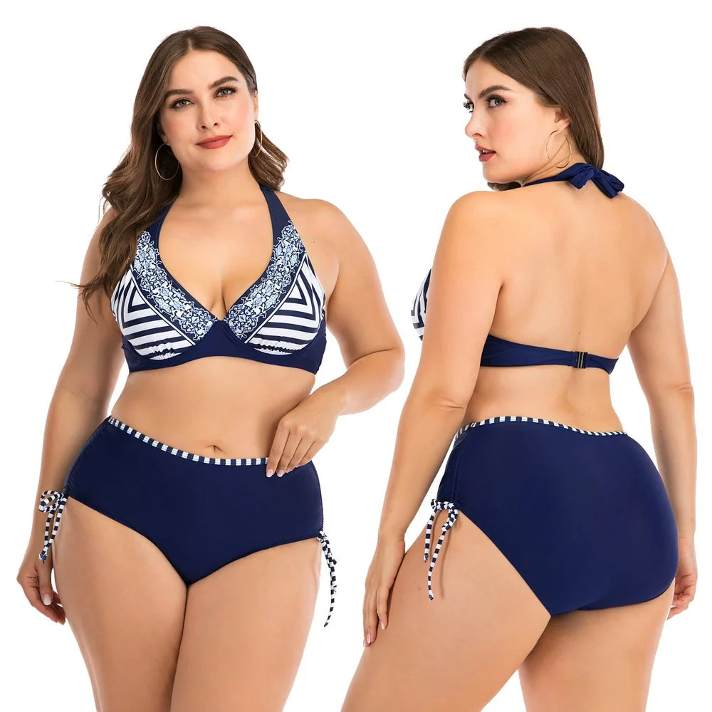 Dark blue plus size bikini with backless design for swimming activities