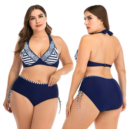 Dark blue plus size bikini with backless design for swimming activities