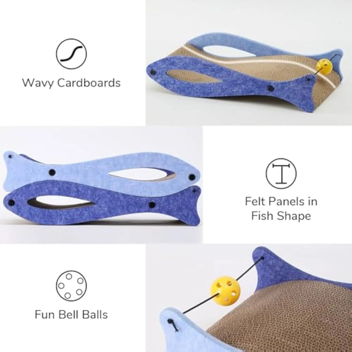 Blue fish-shaped cat scratcher with wavy lounge, bell toys, and 46x25x10cm dimensions