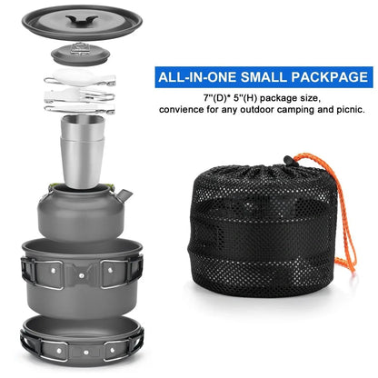 Outdoor camping cookware set with saucepan, frying pan, teapot, and stainless steel cups in mesh storage bag
