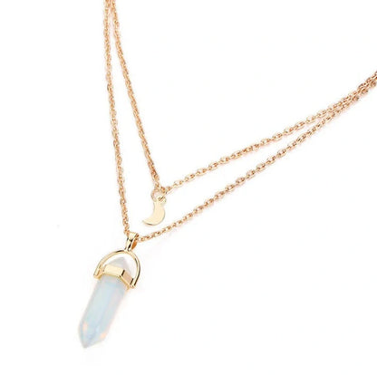 Stylish double moon natural stone pendant necklace with adjustable chain, available in multiple colors.