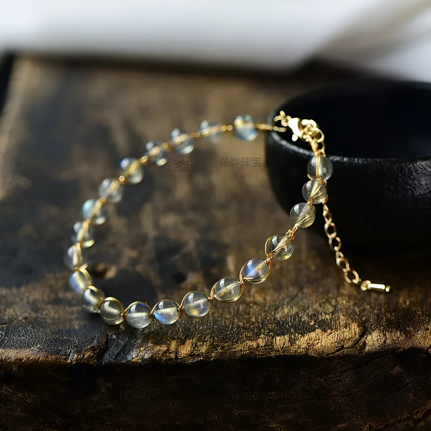 Women's 14K gold plated bracelet with blue moonstone crystal beads and starry sky charms