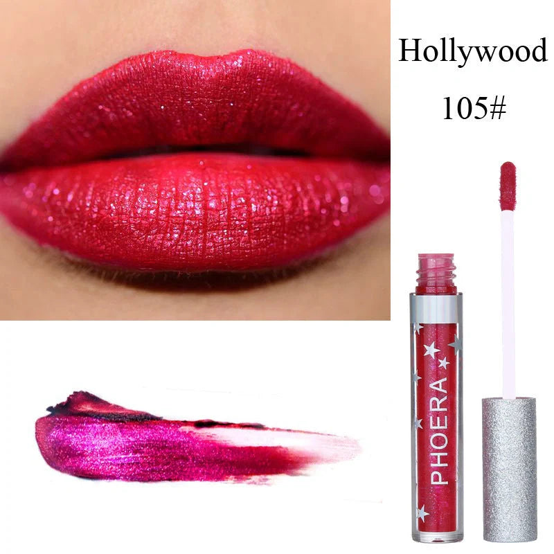 Glitter Liquid Lipstick in various shimmering colors, featuring a moisturizing and long-lasting formula