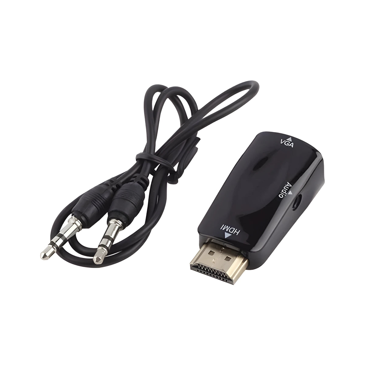Black and white HDMI to VGA adapter converter showing compact connector block.