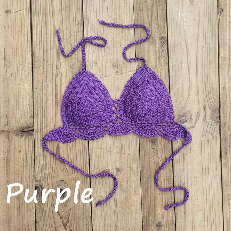 Boho crochet bra in various colors with backless design and chest pad
