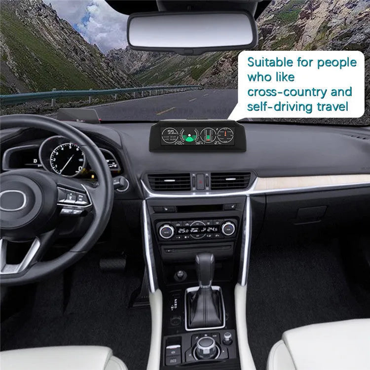 GPS GO 2 car heads-up display monitor showing speed, angle gradient, compass and altitude data on colour LCD screen