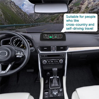 GPS GO 2 car heads-up display monitor showing speed, angle gradient, compass and altitude data on colour LCD screen