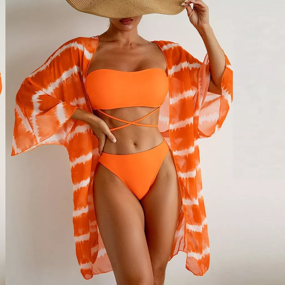 Women's chiffon three piece swimsuit with color blocking pattern and cardigan